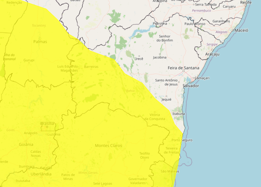 Mapa destacando área de alerta amarelo para tempestade em Vitória da Conquista