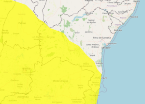 Mapa destacando área de alerta amarelo para tempestade em Vitória da Conquista